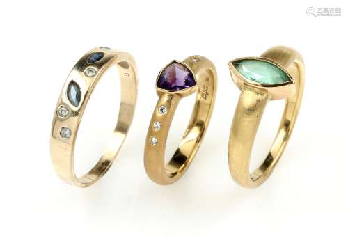 Lot 3 gold rings with coloured stones