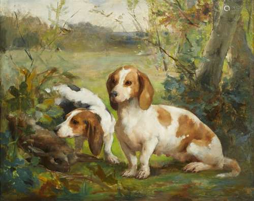 474-Ecole fin XIXème Les chiens de chasse Huile sur toile 72...