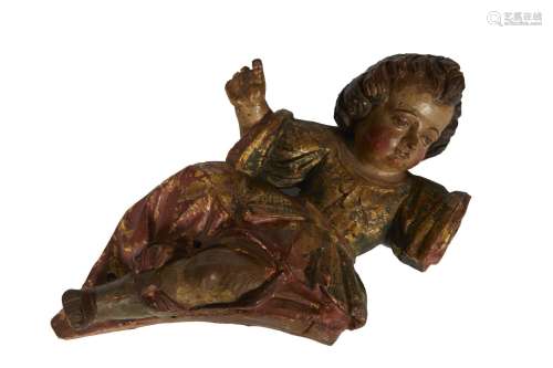 340-Ange en bois sculpté polychrome à réhauts dorés. XVIIIèm...