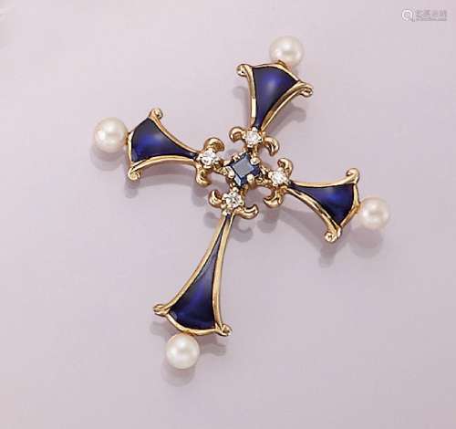 Crosspendant with enamel, cultured pearls, sapphire and diam...