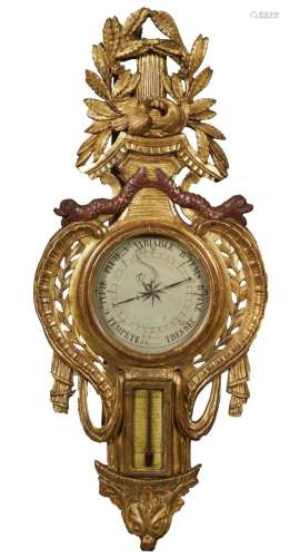 188-Baromètre-thermomètre en bois doré; sculpté et laqué à d...