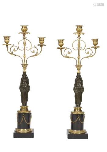 145-Paire de candélabres en bronze patiné et bronze doré à d...
