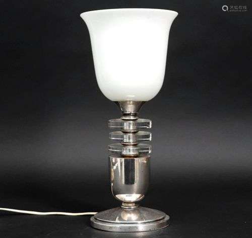 Lampe Art Déco belge met voet in zilver ( ?) en kleurloos kr...