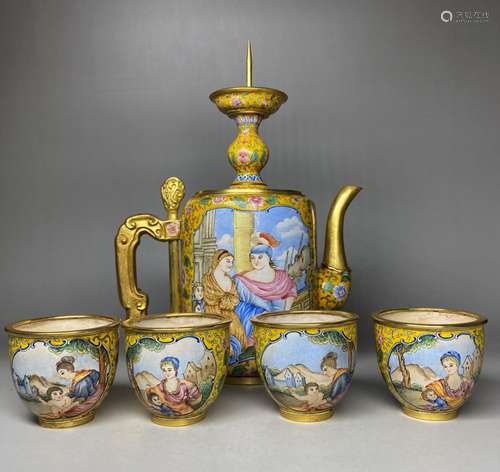 A SET OF FIVE YELLOW-GROUND ENAMELLED TEAPOT AND