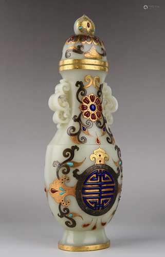 A GEM'S INLAID WHITE JADE VASE NAD COVER