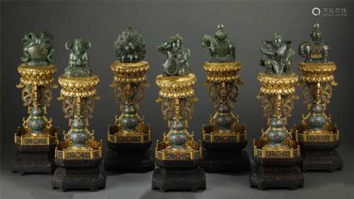 FIVE OF CLOISONNE ENAMEL BRONZE BUDDHIST EMBLEMS