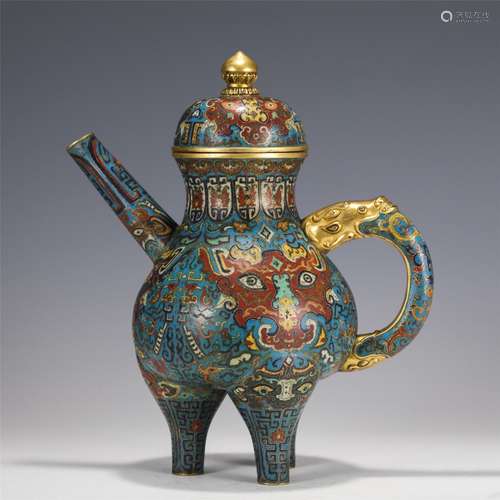 A CLOISONNE ENAMEL BRONZE TRIPOD WINE VESSEL AND