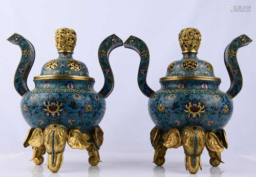 A PAIR OF CLOISONNE ENAMEL BRONZE BURNER AND