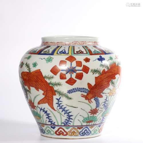 A WUCAI 'FISH' JAR AND COVER.MARK OF JIAJING