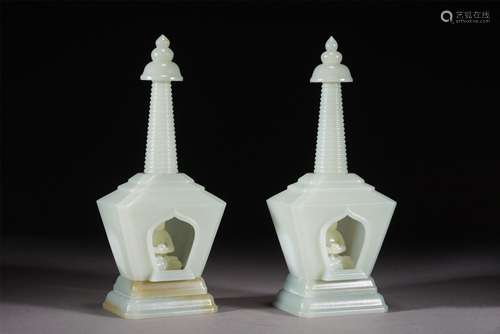 A PAIR OF WHITE JADE STUPAS