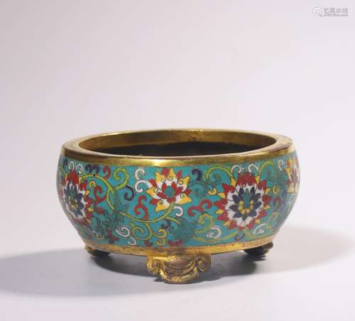 A CLOISONNE ENAMEL BRONZE TRIPOD CENSER.MARK OF