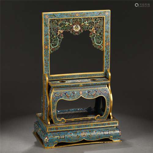 A CLOISONNE ENAMEL BRONZE TABLE SCREEN AND INK H…