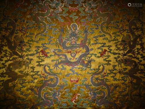 A YELLOW BROCADE EMBROIDERED 'DRAGON' PANEL.QI…