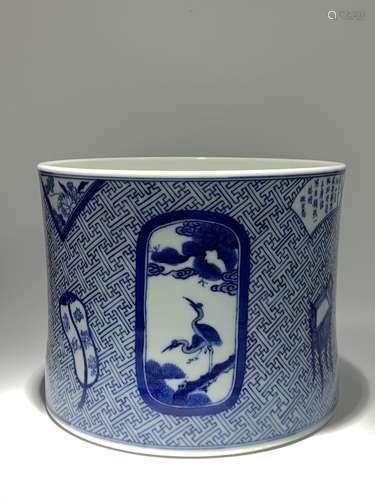 A BLUE AND WHITE BRUSHPOT.BITONG.MARK OF KANGXI