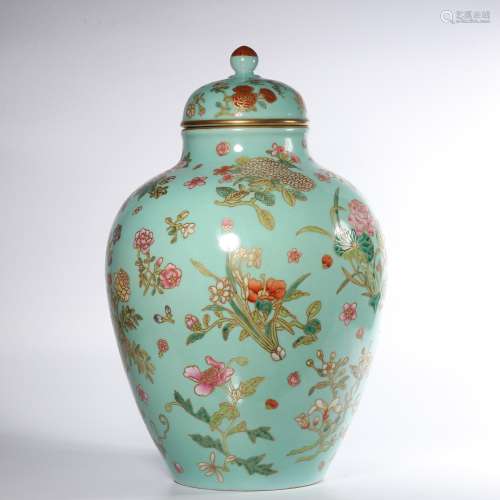 A TURQUOISE-GROUND FAMILLE-ROSE JAR.MARK OF QIANLO…