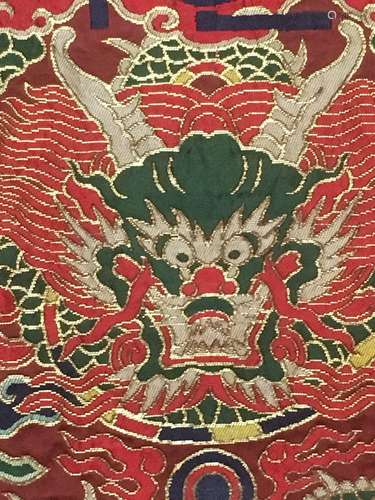 A RED BROCADE EMBROIDERED 'DRAGON' PANEL.QI…