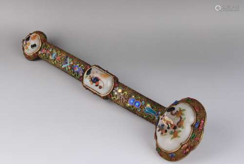 A WHITE JADE-INLAID SILVER RUYI SCEPTER.QING PERIOD