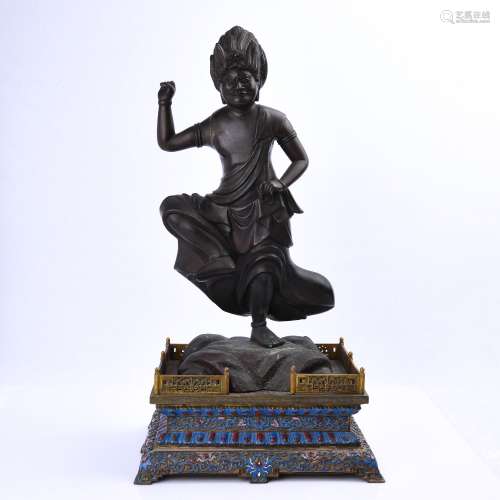 A BRONZE FIGURE AND STAND.QING PERIOD