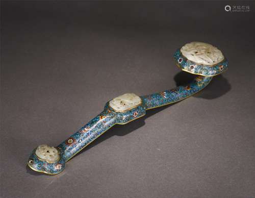 A WHITE JADE-INLAID CLOISONNE ENAMEL RUYI SCEPTER