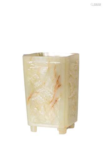 A CARVED WHITE JADE BRUSHPOT.BITONG.QING PERIOD