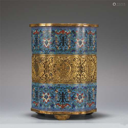 A CLOISONNE ENAMEL BRONZE BRUSHPOT.BITONG.