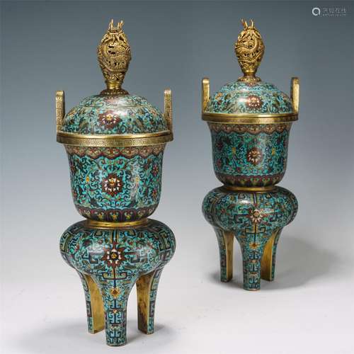 A PAIR OF CLOISONNE ENAMEL BRONZE TRIPOD CENSER A…