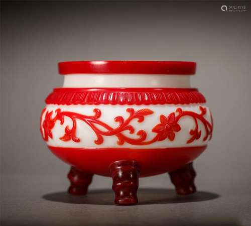 A RED OVERLAY WHITE GLASS CENSER.MARK OF QIANLONG