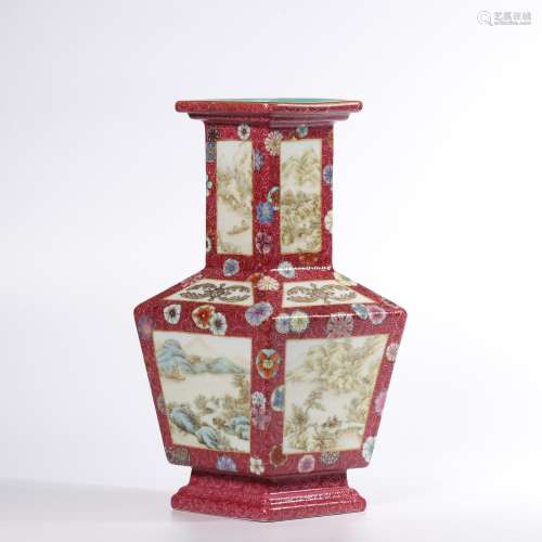 A RUBY-RED GROUND FAMILLE-ROSE VASE.MARK OF QIANLONG