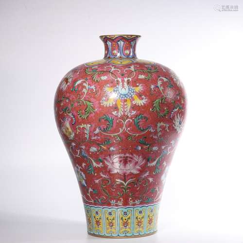 A RUBY-GROUND FAMILLE-ROSE MEIPING.MARK OF QIANLONG