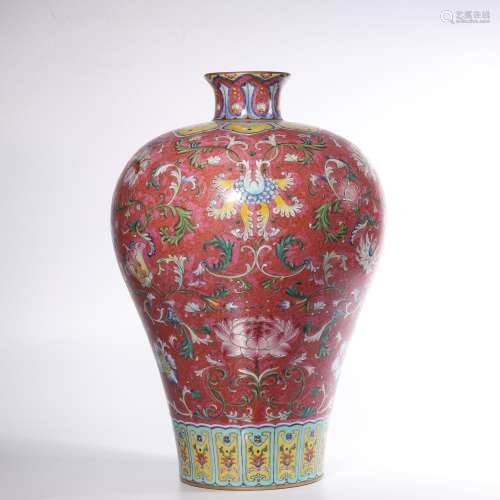 A RUBY-GROUND FAMILLE-ROSE MEIPING.MARK OF QIANLONG