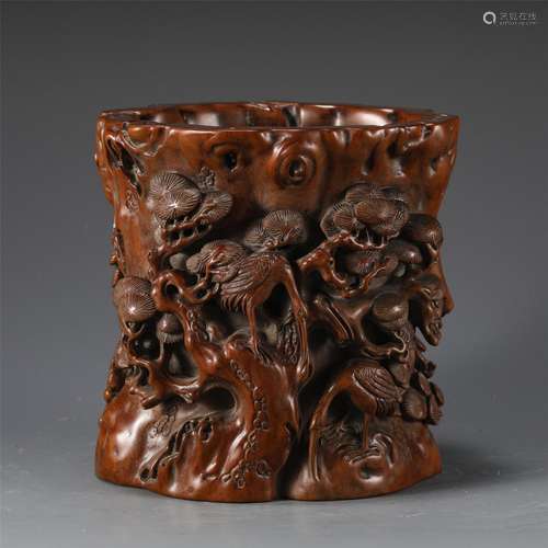 A CARVED AGALLOCH BRUSHPOT.BITONG