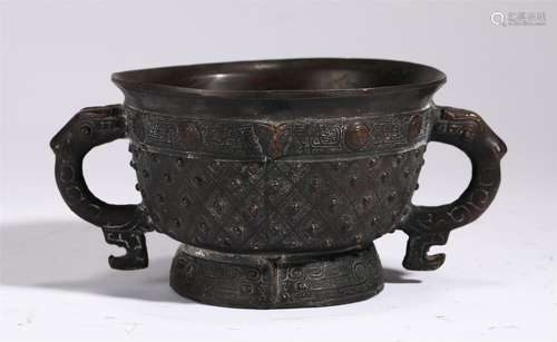 A CHINESE BRONZE DOUBLE BEAST HANDLE CENSER