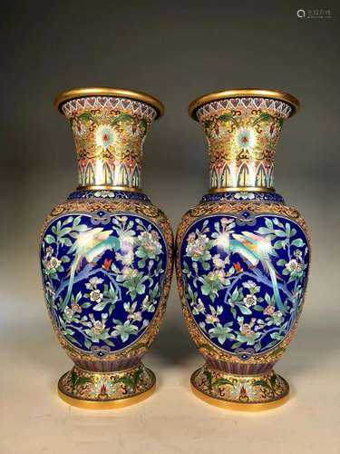 PAIR OF GOLDEN GROUND CLOISONNE FLORAL VASES