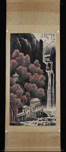 A SCROLL PAINTING OF WATERFALL AND MOUNTAINS