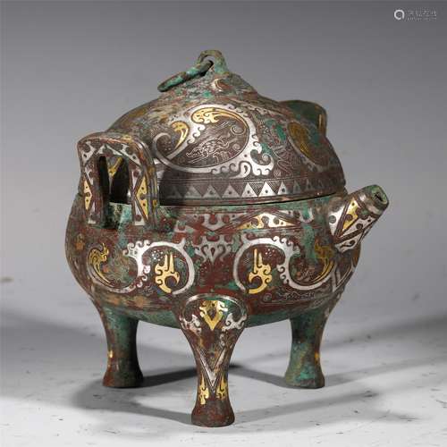 A CHINESE BRONZE INLAID GOLD SILVER POT