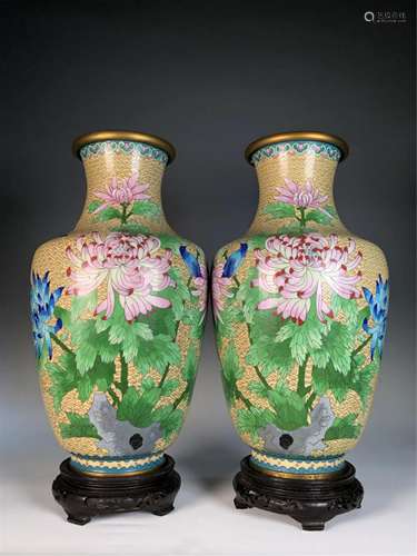 PAIR OF YELLOW GROUND CLOISONNE FLORAL VASES