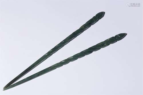 TWO CHINESE SPINACH JADE HAIRPINS