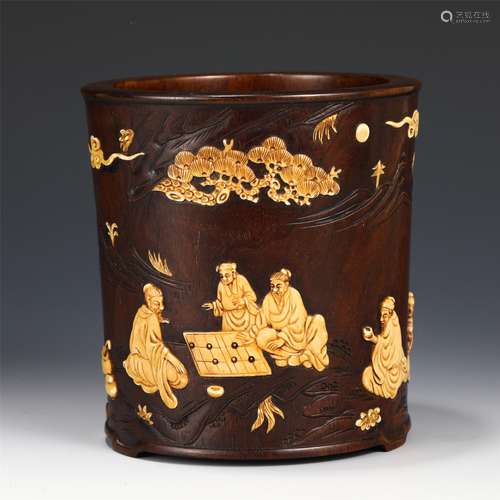 A CHINESE HARDWOOD BRUSH POT