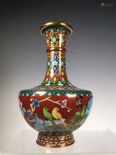 A RED GROUND CLOISONNE FLOWERS AND BIRDS VASE