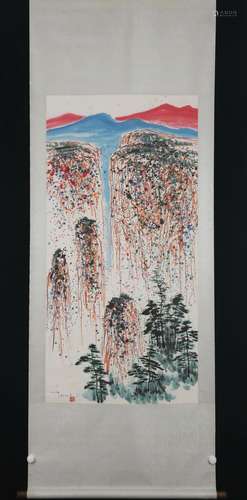 A SCROLL PAINTING OF WATERFALL