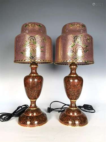 PAIR OF BROWN GROUND CLOISONNE FLORAL LAMPS