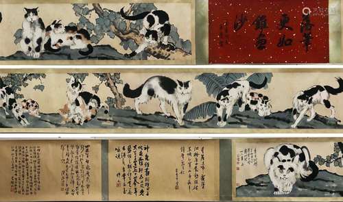 A SCROLL PAINTING OF CATS