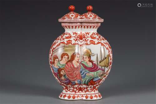 A CHINESE IRON RED GLAZED PORCELAIN ENAMEL FLOWER