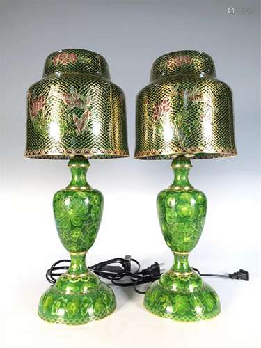 PAIR OF GREEN GROUND CLOISONNE FLORAL LAMPS