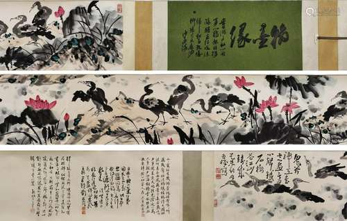 A SCROLL PAINTING OF LOTUS FLOWERS AND BIRS