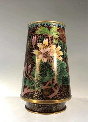 A BROWN GROUND CLOISONNE FLORAL BRUSH POT