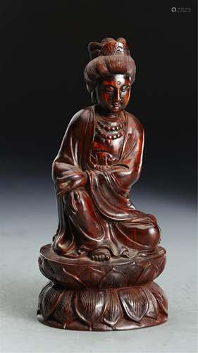 A CHINESE ROSEWOOD FIGURE OF GUANYIN BUDDHA SEAT…