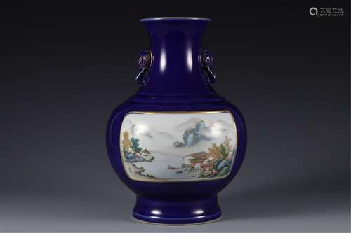 A CHINESE BLUE GLAZED FAMILLE ROSE PORCELAIN VASE