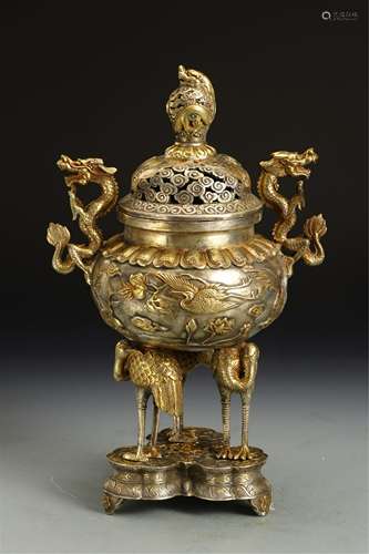 A CHINESE WHITE GILT BRONZE TRIPOD CENSER