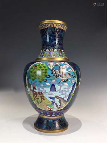 A CLOISONNE 'CRANE AND DEER' FLORAL VASE